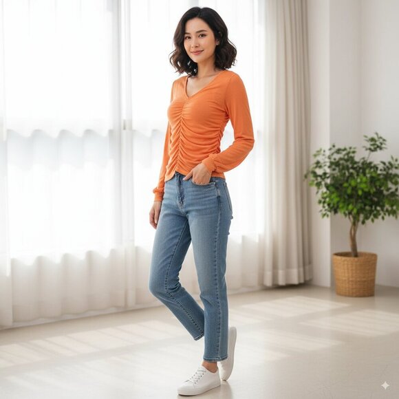 Keepsake the Label Orange Ruched Long Sleeve Cotton Silk Knit Top Size Small NWT - Picture 1 of 5